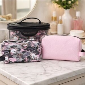 Ed Hardy Pink Embossed Cosmetic Pouch + Patterned Makeup Bag Set